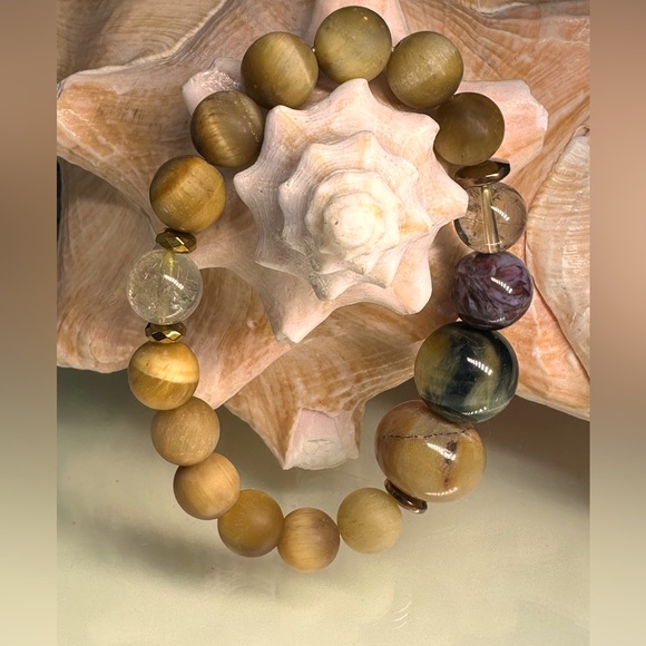 YELLOW TIGERS EYE + PIETERSITE + GOLD RUTILATED NATURAL STONES BRACELET size 7” - Picture 1 of 10